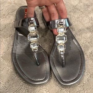 Prada Silver and Clear Stone Flip Flop